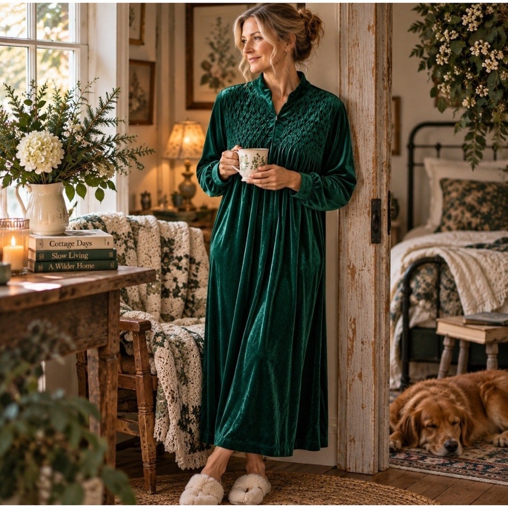 Vintage Emerald Green Cozee Corner Robe Housecoat 1/2 Zip Velour Smocked Sz L